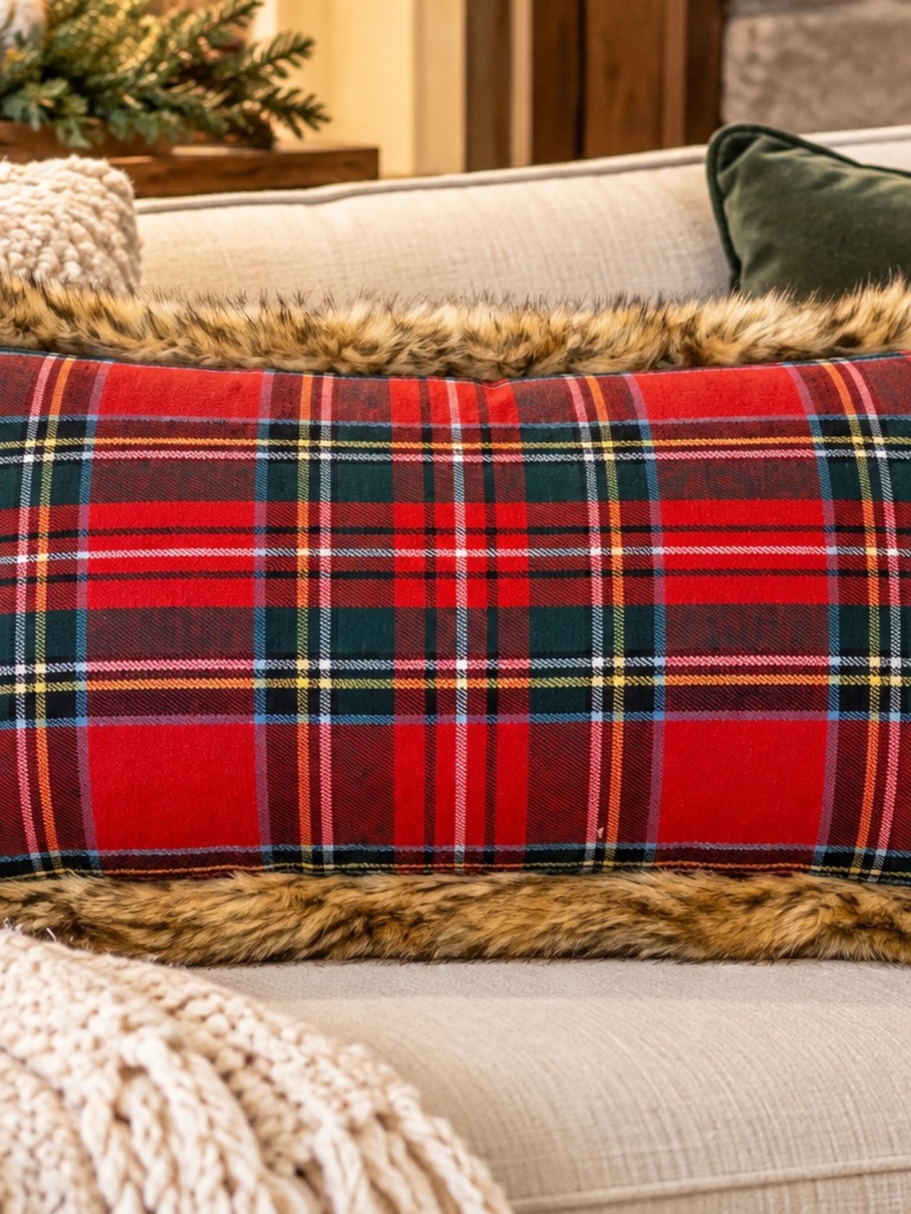Newport Red Green Plaid Flannel Faux Fur Body Pillow Duck Feather Insert 28 x 15
